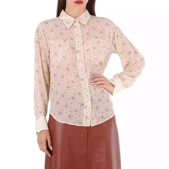 NWOT Chloe Silk Dew Pink C Micro Flower Motif Button Up Blouse Women’s Size 10 - Picture 1 of 16